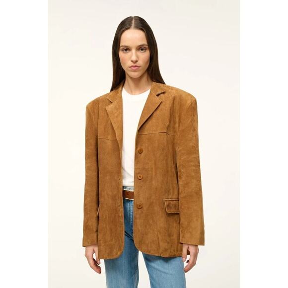 Staud Corrine Suede Calf Leather Single Breasted Blazer Jacket Tan Brown Size XL - Picture 1 of 14